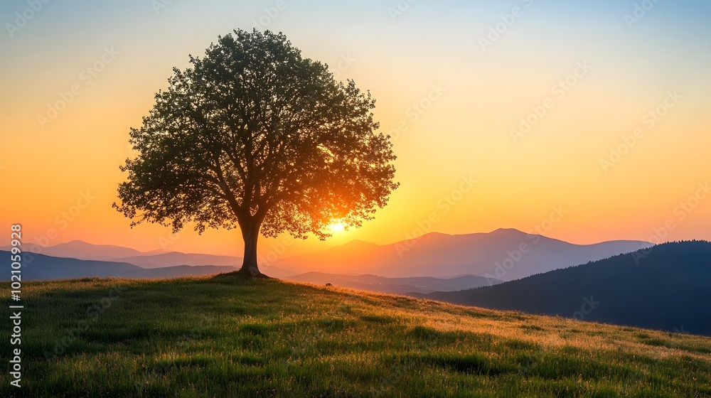 A lone tree on the horizon against an orange and blue sky at sunset, standing tall in green grassy hills with distant mountains. A lone tree on the horizon against an orange and blue sky at sunset, standing tall in green grassy hills with distant mountains.