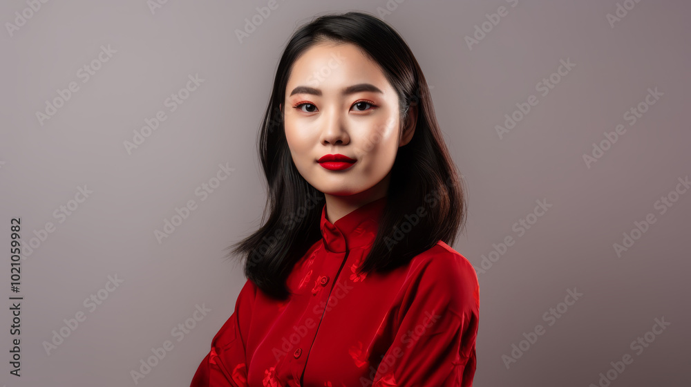 Japanese woman in traditional red attire with a braided hairstyle, looking confidently