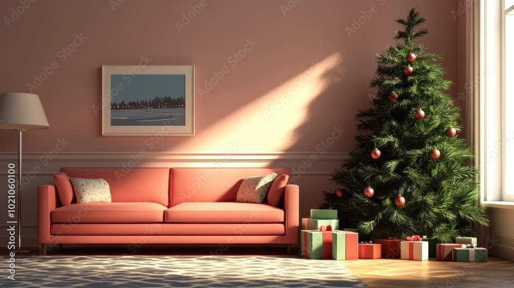A cozy living room features a decorated Christmas tree beside a pink sofa and holiday gifts, illuminated by warm sunlight. A cozy living room features a decorated Christmas tree beside a pink sofa and holiday gifts, illuminated by warm sunlight.