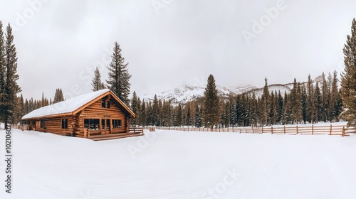 The quaint log cabin stands silently under a thick layer of snow, framed by a rustic wooden fence and surrounded by towering pine trees on a winter day photo