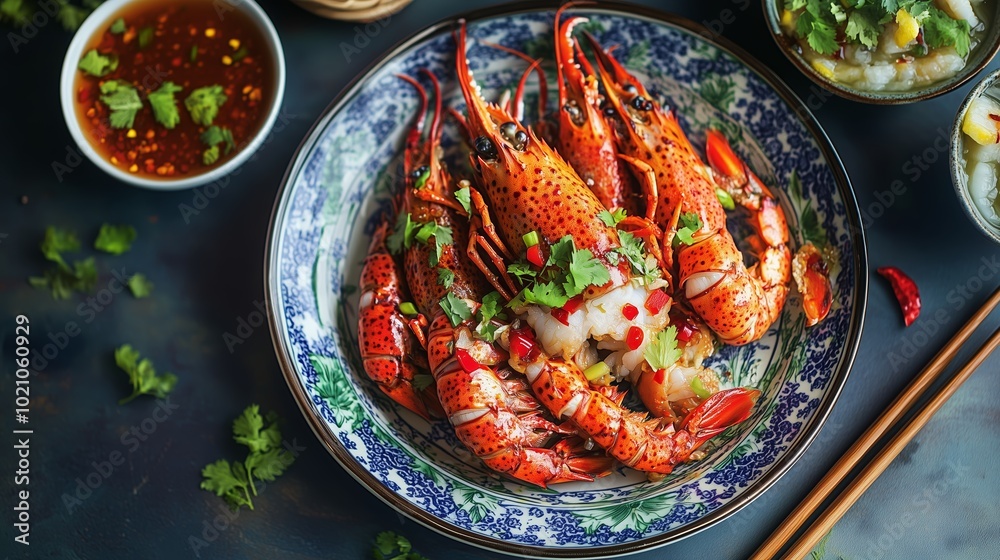Freshly prepared lobster served on a decorative plate with herbs and dipping sauce in a dining setting