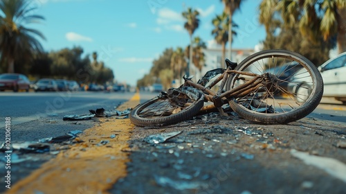 A damaged bike lying on the side of the road, symbolizing the suddenness of accidents while cycling, abandoned bike accident, roadside accident