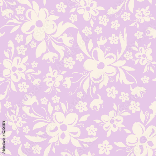 Vector illustration. Seamless pattern, beige flowers on a light purple background. Abstract floral lilac pattern, field of flowers, print for fabric, textile, wallpaper, clothing