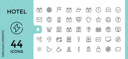 Hotel Line Icons set. Minimal thin line style hotel services icons collection. Parking, car, cleaning and more. Editable stroke, pixel perfect, vector illustration.