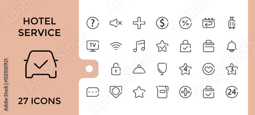 Set of hotel service line icons set. Hotel element thin symbol collection. Dor, sofa, Reception, Parking and more, Editable stroke and pixel perfect.