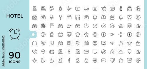 Hotel Line Icons set. Minimal thin line style hotel services icons collection. Parking, car, cleaning and more. Editable stroke, pixel perfect, vector illustration.