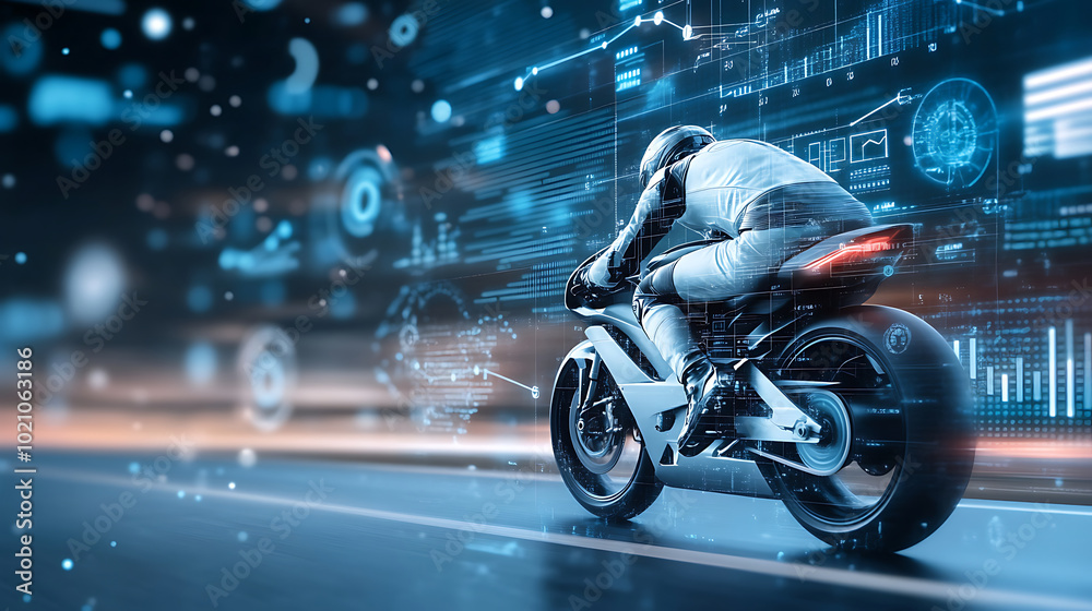 Motorcycle under the ride on a road. A lot of data, statistics and diagrams are displayed around Motorcycle under the ride on a road. A lot of data, statistics and diagrams are displayed around