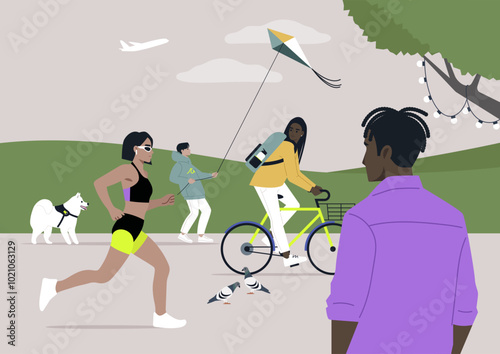 At a bustling park, individuals engage in different leisure activities, from jogging and cycling to walking dogs and flying colorful kites, highlighting a vibrant community atmosphere
