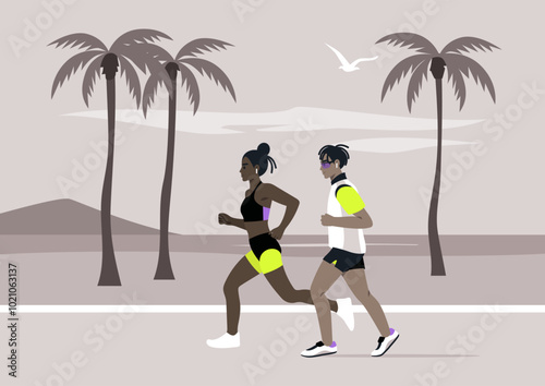 A couple jogs happily along a tranquil beach, the sun rising behind them, Palm trees sway lightly as they share the joy of exercise in a picturesque setting