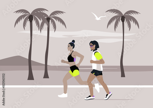 A couple jogs happily along a tranquil beach, the sun rising behind them, Palm trees sway lightly as they share the joy of exercise in a picturesque setting