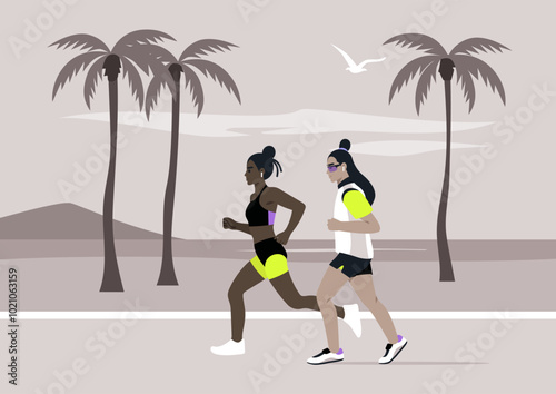 A couple jogs happily along a tranquil beach, the sun rising behind them, Palm trees sway lightly as they share the joy of exercise in a picturesque setting