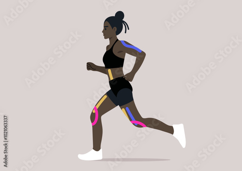 A female athlete elegantly runs, her body adorned with vivid taping on key muscle groups, symbolizing strength and recovery, set against a soothing pastel backdrop that enhances the action