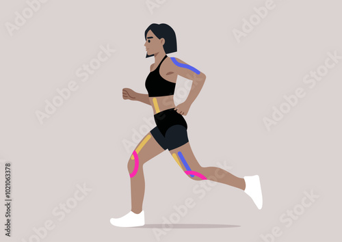 A female athlete elegantly runs, her body adorned with vivid taping on key muscle groups, symbolizing strength and recovery, set against a soothing pastel backdrop that enhances the action