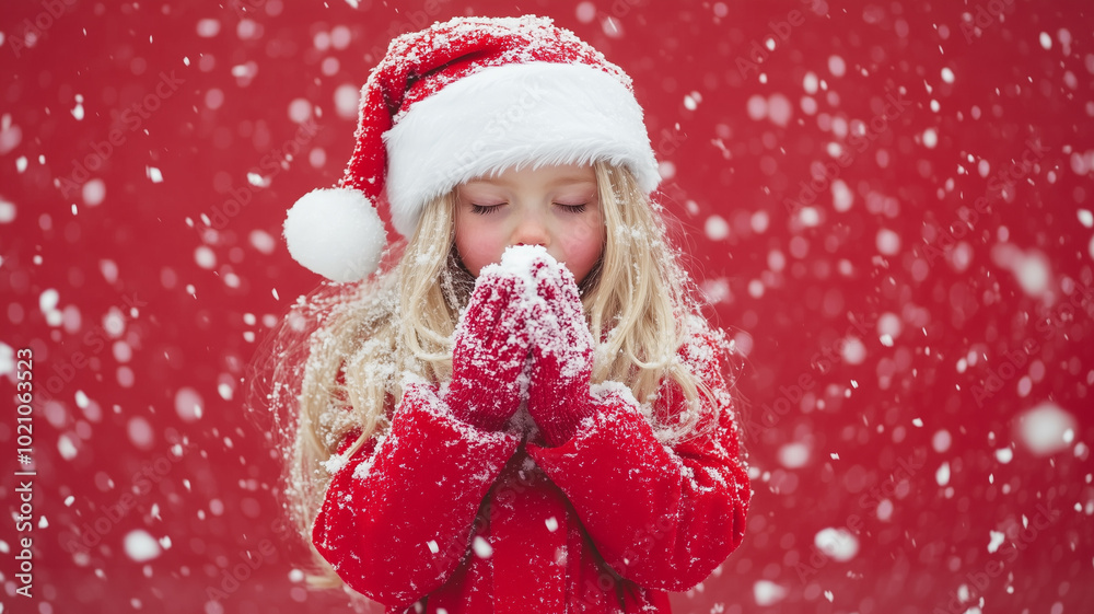 Front view of pretty blonde little girl with closed eyes wearing santa claus costume on red background Front view of pretty blonde little girl with closed eyes wearing santa claus costume on red background