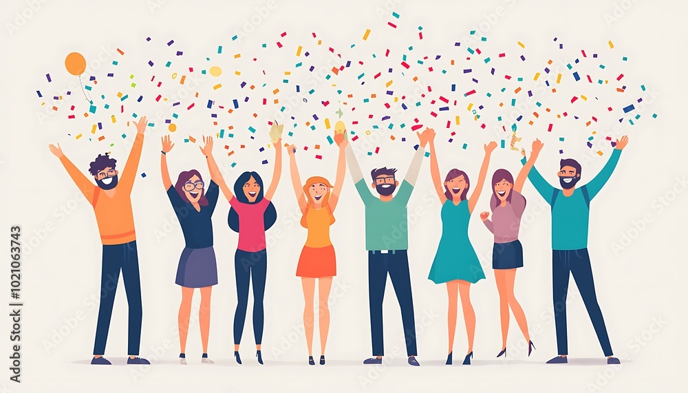 Group of friends celebrating with confetti and a balloon