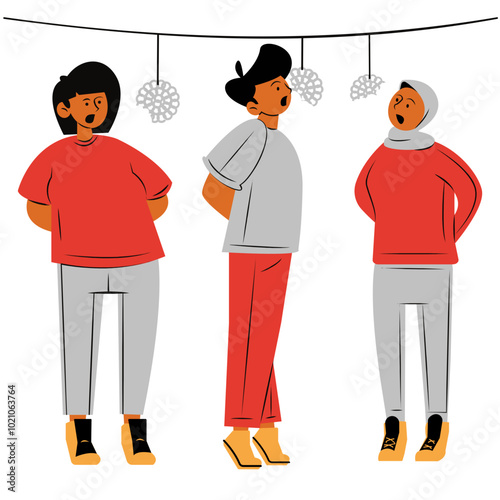 Craker eating contest aka lomba makan kerupuk, all team in Indonesia independence game. Colored HD illustration SVG format vector graphic, editable 5 colors
