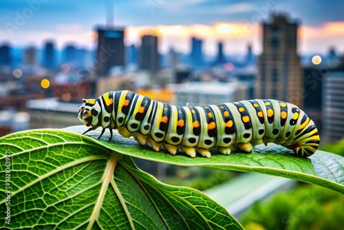 Discover the urban exploration of nature's wonders in stunning photography, featuring a Sphinx caterpillar gracefully perched on vibrant leaves in photo