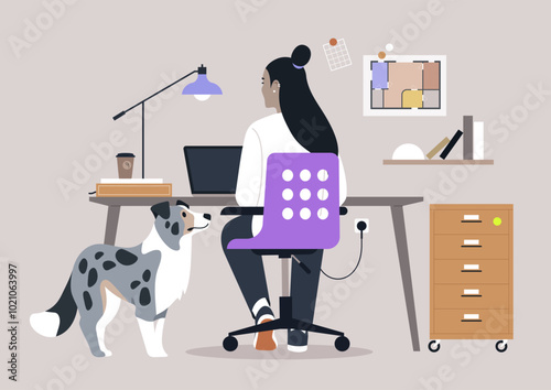In a bright and inviting workspace, someone is focused on their laptop, accompanied by a friendly dog who watches curiously, The creative environment fosters productivity and comfort
