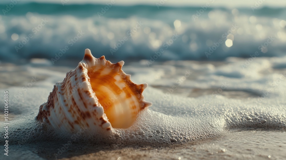 Close-up of a seashell on a sandy beach with foamy waves in the background at sunrise. Close-up of a seashell on a sandy beach with foamy waves in the background at sunrise.