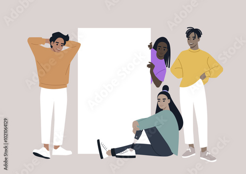 Four vibrant characters gather around a blank board, each contributing their unique style and energy, as they prepare to brainstorm ideas and collaborate creatively