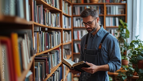 A man organizing and dusting bookshelves, tidy and clutter-free living space, focus on detail and neatness