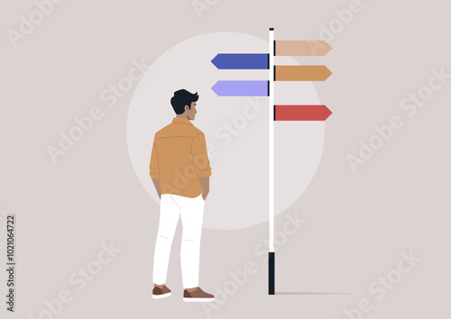 A figure stands thoughtfully at a vibrant signpost with multiple arrows, reflecting on various paths and possibilities, The backdrop suggests a contemporary, minimalistic setting