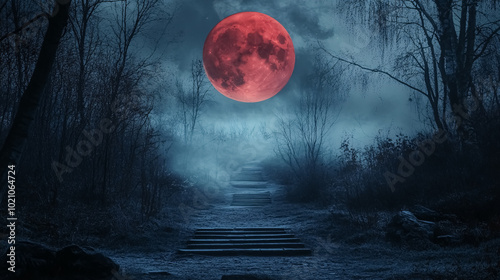 Scary Path with Bloody Red Moon: A spooky path at night with a blood-red moon overhead.