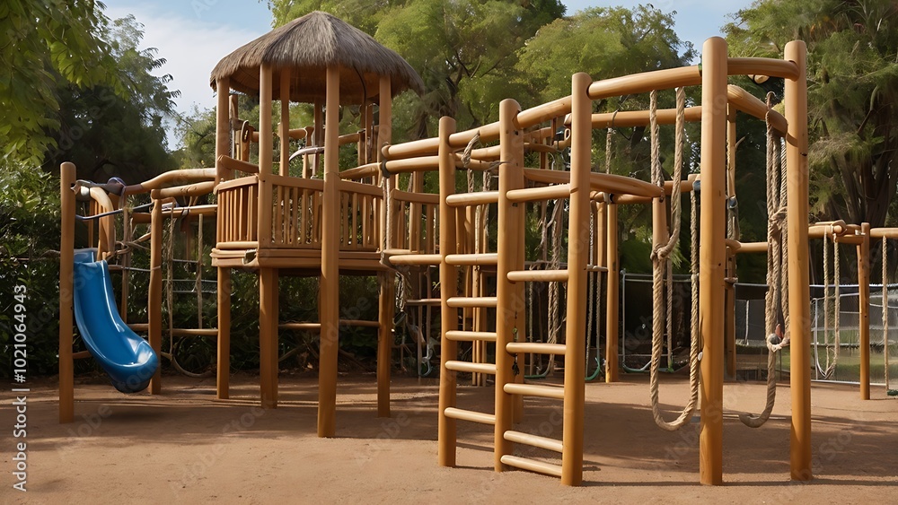 A tall jungle gym standing strong in the playground, its interconnected bars and ropes forming an intricate climbing challenge, inviting exploration. A tall jungle gym standing strong in the playground, its interconnected bars and ropes forming an intricate climbing challenge, inviting exploration.
