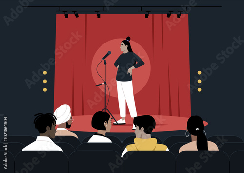 Under warm stage lights, a performer confidently engages with a captivated audience while standing before a microphone, with a rich backdrop enhancing the intimate atmosphere of the event