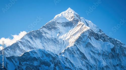 Majestic snow-covered mountain peak under a clear blue sky.