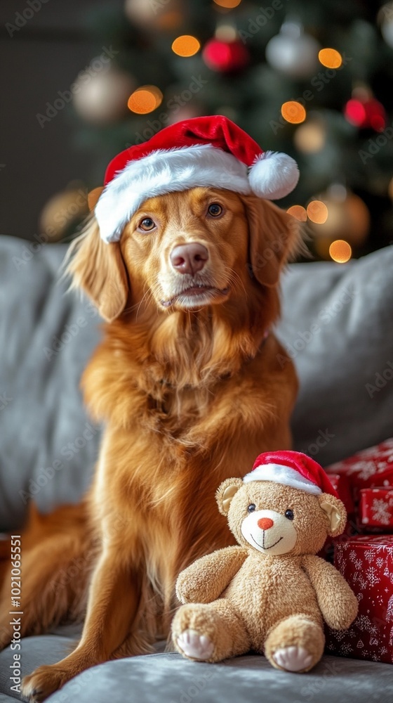 Adorable golden retriever wearing Santa hat sits on couch with festive teddy bear, Christmas tree lights twinkling in background, creating warm holiday scene. Adorable golden retriever wearing Santa hat sits on couch with festive teddy bear, Christmas tree lights twinkling in background, creating warm holiday scene.
