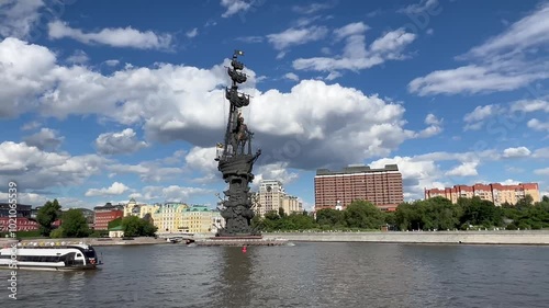 Panoramic view of the Moskva River, a monument of Peter the Great and the building of the Red October factory in Moscow, Russia. 