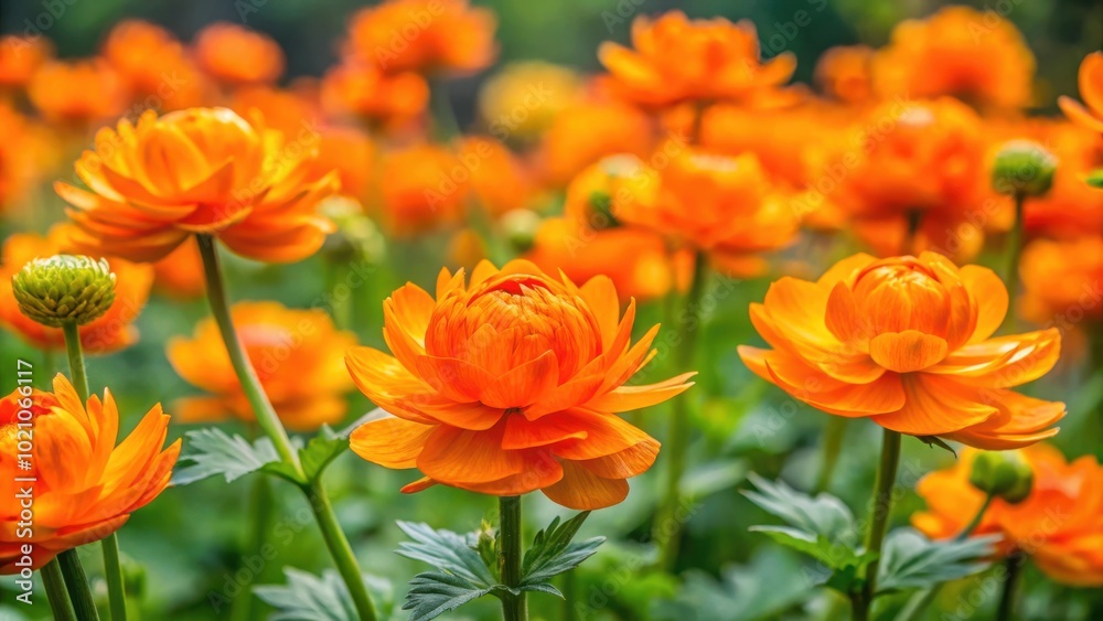 A vibrant display of blooming orange flowers with delicate petals and lush green foliage in a natural setting. A vibrant display of blooming orange flowers with delicate petals and lush green foliage in a natural setting.