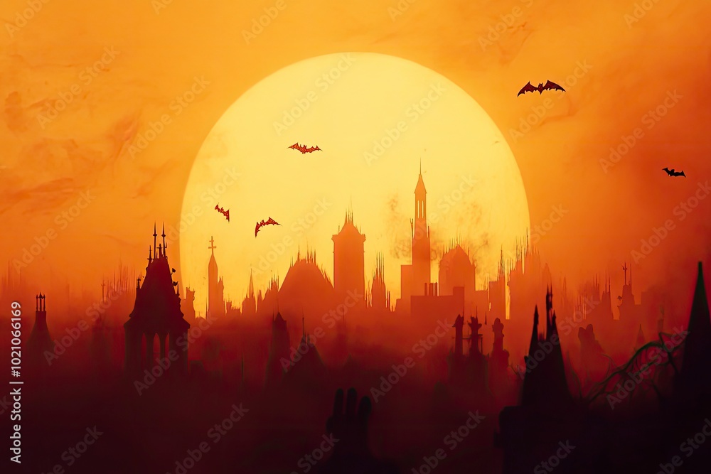 Naklejka premium Halloween 2022. City panorama in halloween style. Scary halloween isolated background. Orange and yellow background. Vector illustration, 3d render with generative ai