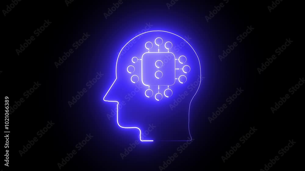 Glowing neon line Human head circuit icon on black background in pink and yellow color. Glowing neon line Human head circuit icon on black background in pink and yellow color.