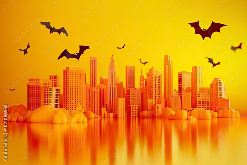Halloween 2022. City panorama in halloween style. Scary halloween isolated background. Orange and yellow background. Vector illustration, 3d render with generative ai Halloween 2022. City panorama in halloween style. Scary halloween isolated background. Orange and yellow background. Vector illustration, 3d render with generative ai