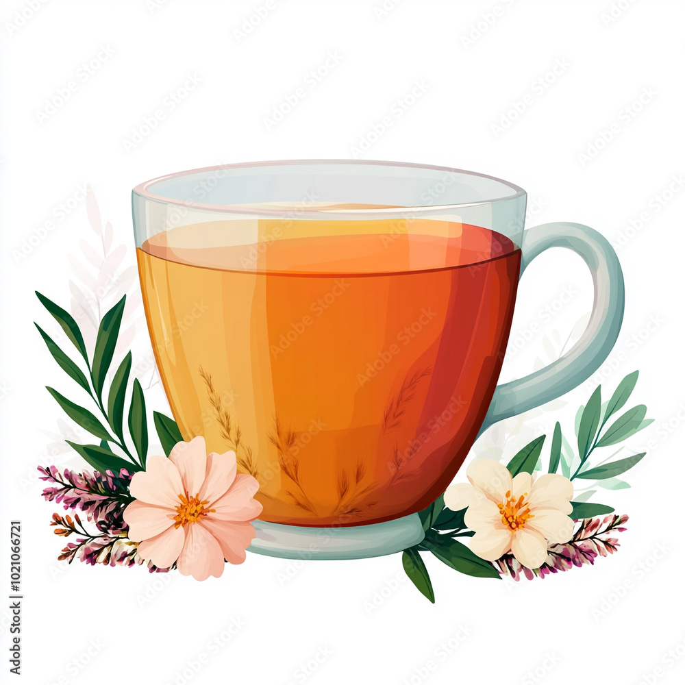Tea cup with floral decoration, isolated on white background Tea cup with floral decoration, isolated on white background