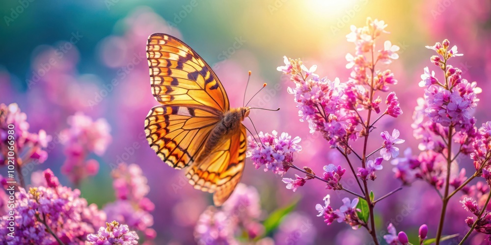 Obraz premium A delicate butterfly with intricately patterned wings rests on a cluster of vibrant pink blossoms in a field bathed in soft, golden sunlight.