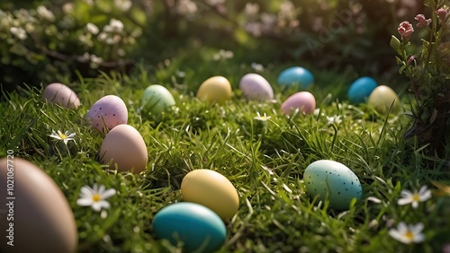 Hidden Easter eggs scattered across a lush green garden, waiting to be found among blooming flowers and fresh spring grass.