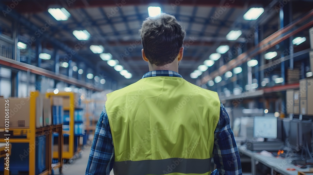 Man in Yellow Vest in Warehouse Environment