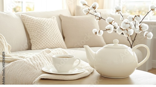 Wallpaper Mural A cozy living room showcases a white sofa draped with a knitted blanket, accompanied by a teapot and cup on a wooden table, creating a serene, inviting space Torontodigital.ca