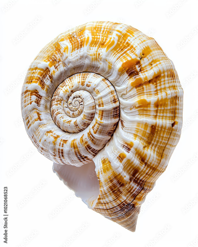 A detailed close-up of a spiral-shaped seashell, showcasing intricate brown patterns on its surface, set against a clean white background for contrast. A detailed close-up of a spiral-shaped seashell, showcasing intricate brown patterns on its surface, set against a clean white background for contrast.