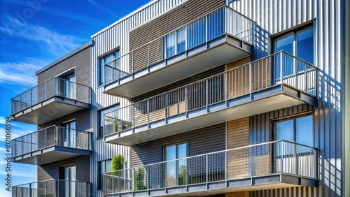 Modern Apartment Building with Balconies and Metal Railings