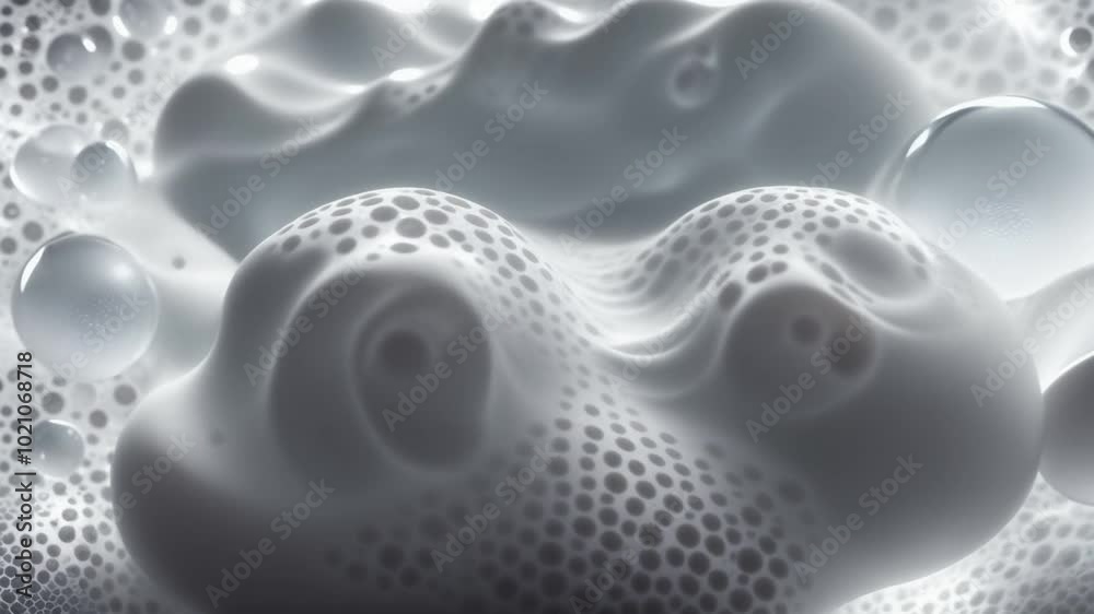 Um líquido branco com uma aparência suave e homogênea, que apresenta uma camada de espuma branca e leve na superfície. A espuma é formada por pequenas bolhas, conferindo uma textura aveludada e arejad