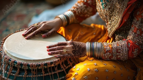 A close-up of a skilled musician playing a traditional drum, showcasing vibrant cultural clothing and intricate hand patterns. photo