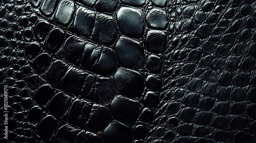 An examination of the striking glossy black crocodile leather texture, emphasizing the interplay of light on the unique and luxurious surface pattern. photo