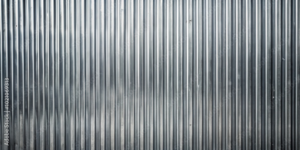 Obraz premium A close-up view of a textured corrugated metal surface with repeating vertical ridges, showcasing a subtle interplay of light and shadow