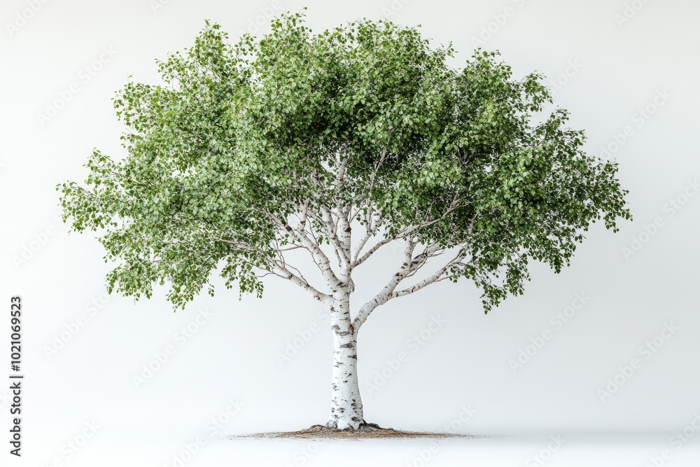 A mature birch tree with its distinctive white bark and slender trunk A mature birch tree with its distinctive white bark and slender trunk