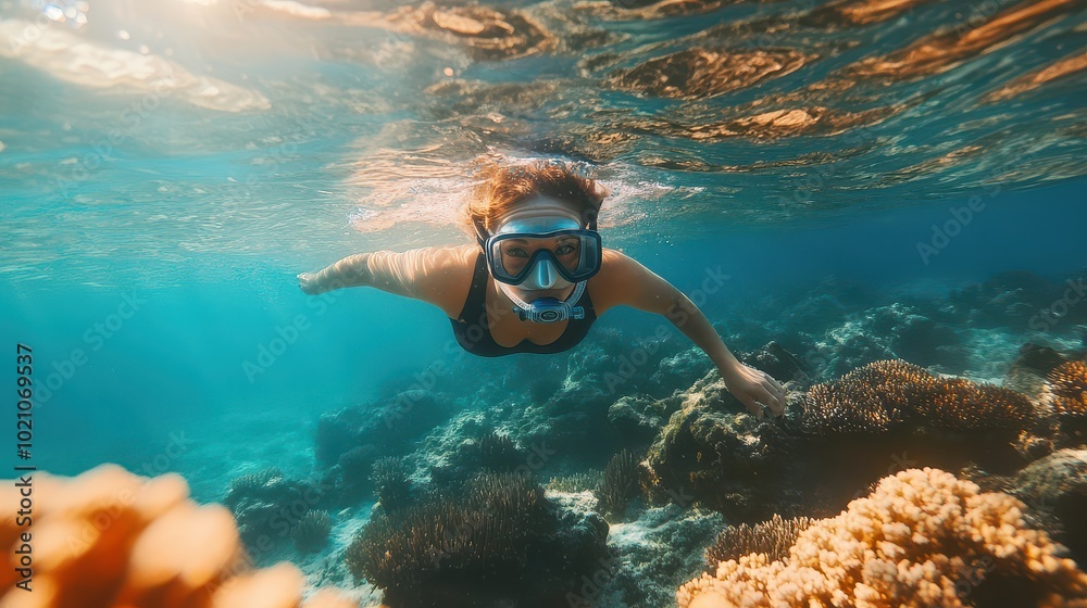 Naklejka premium A diver swims gracefully through crystal-clear water, exploring vibrant coral reefs and marine life.