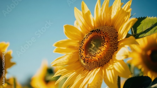 Vibrant sunflower bathed in sunlight against a clear blue sky.